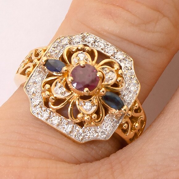 Vintage 18kt Yellow Gold Diamond Ring, Ruby and Sapphire, SZ 6, Appraised $3350 - Picture 1 of 11
